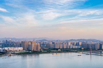 Fototapeta na wymiar High angle view of urban buildings along the Qianjiang River in Hangzhou, Zhejiang, China