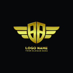 initial letter BB shield logo with wing vector illustration, gold color