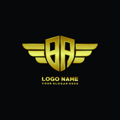 initial letter BA shield logo with wing vector illustration, gold color