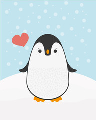 Cute happy cartoon penguin greeting card for Merry Christmas and New Year’s celebration under snow with heart vector illustration.
