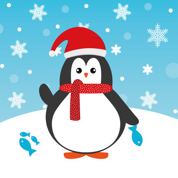 Cute happy cartoon penguin with red Santa hat and red scarf and fish greeting card for Merry Christmas and New Year’s celebration under snowflakes and snow vector illustration.