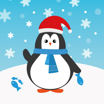 Cute happy cartoon penguin with red Santa hat and blue scarf and fish greeting card for Merry Christmas and New Year’s celebration under snowflakes and snow vector illustration.