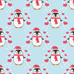 Penguin seamless pattern background. Cute Christmas cartoon doodle vector illustration with hearts