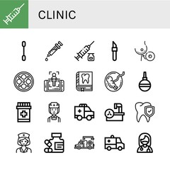 Set of clinic icons such as Syringe, Cotton swab, Scalpel, Breast implant, Surgery lamp, Body scan, Tooth, Fetus, Pear Enema, Medicine, Nurse, Ambulance, Magnetic resonance , clinic