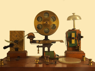vintage effect image of an old morse code telegraph machine with bell and brass printer - obrazy, fototapety, plakaty
