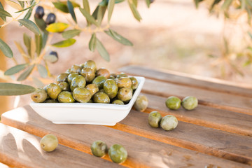 olives on table in an olive grove