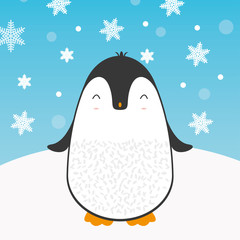 Cute cartoon penguin greeting card for Merry Christmas and New Year’s celebration under snowflakes and snow vector illustration.