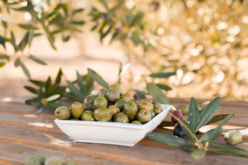 olives on table in an olive grove
