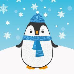 Cute happy cartoon penguin with blue warm hat and blue scarf greeting card for Merry Christmas and New Year’s celebration under snow and snowflakes vector illustration.