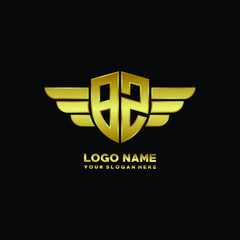 initial letter BZ shield logo with wing vector illustration, gold color
