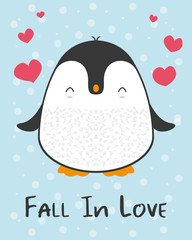 Cute cartoon penguin greeting card Fall in love for Merry Christmas and New Year’s celebration under stars and snow with hearts and love vector illustration.
