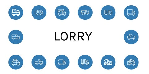 Set of lorry icons such as Delivery truck, Garbage truck, Van, Crane truck, Minibus, Cargo Jeep, Mixer Ice cream , lorry