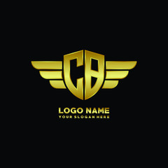 initial letter CB shield logo with wing vector illustration, gold color