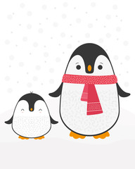 Fototapeta premium Cute cartoon penguin family greeting card for Merry Christmas and New Year’s celebration with red scarf under snow doodle vector illustration.