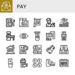 Set of pay icons such as Bitcoin, Invoice, Bill, Signage, Cashier, Cash register, Money, Atm, Credit card, Pos, Yen, Payment method, Calendar , pay