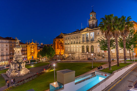 Sunset view of Pal&aacute;cio da Bolsa building in Porto, Portugal