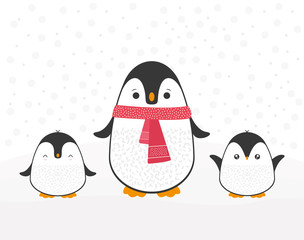 Cute cartoon penguin family greeting card for Merry Christmas and New Year’s celebration with red scarf under snow doodle vector illustration.