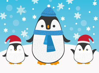 Cute cartoon penguin family greeting card for Merry Christmas and New Year’s celebration with Red Santa hat, and blue scarf under snow and snowflakes vector illustration.