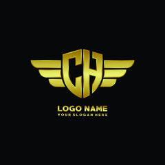 initial letter CH shield logo with wing vector illustration, gold color