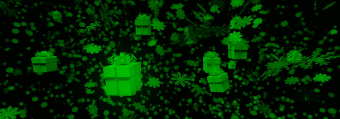 green abstract Christmas and new year background with stunning motion of snowflakes lighting. 3d illustration