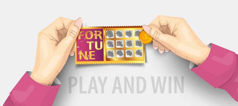 Scratch lottery ticket template. Scratch lottery in hands isolated. Jackpot template advertising. A hand scratching a lottery coins. Realistic vector illustration