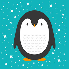 Cute cartoon penguin greeting card for Merry Christmas and New Year’s celebration under stars and snow vector illustration.