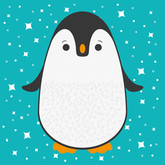 Cute happy cartoon penguin greeting card for Merry Christmas and New Year’s celebration under snow and stars vector illustration.