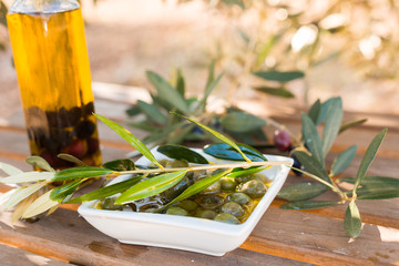 green and black olives on table in olive grove