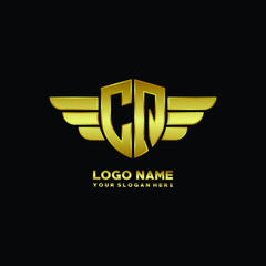 initial letter CQ shield logo with wing vector illustration, gold color