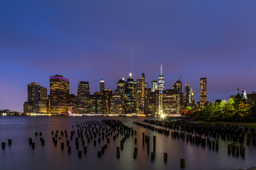 The skyline of NYC under a colored evening sky