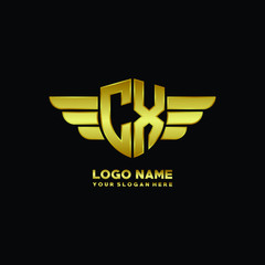 initial letter CX shield logo with wing vector illustration, gold color