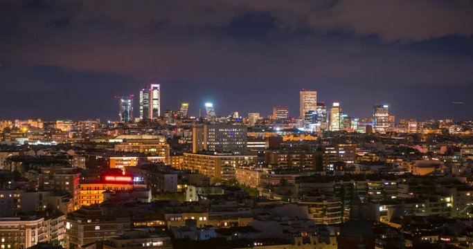 Madrid Timelapse at night, close up  view of downtown skyline. Cuatro torres and Azca skyscrapers