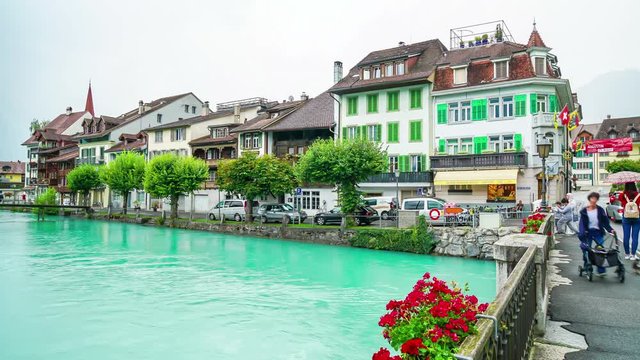 Timelapse Interlaken town with Thunersee river, Switzerland