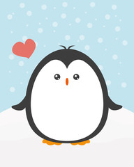 Cute happy cartoon penguin with greeting card for Merry Christmas and New Year’s celebration under snow with love heart vector illustration.
