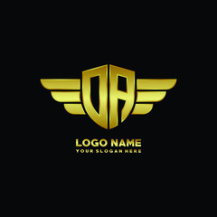 initial letter DA shield logo with wing vector illustration, gold color