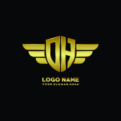initial letter DH shield logo with wing vector illustration, gold color