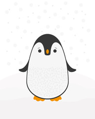 Cute cartoon penguin greeting card for Merry Christmas and New Year’s celebration under snow vector illustration.