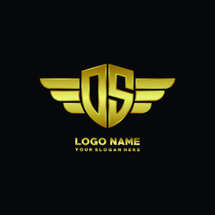 initial letter DS shield logo with wing vector illustration, gold color
