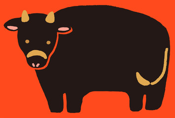 赤背景に黒い牛　丑年