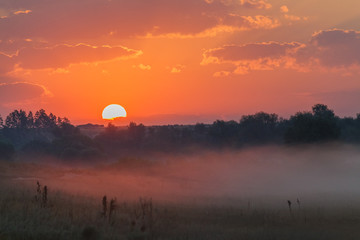 Obraz premium Sunrise through the clouds. Fog creeps across the meadow.