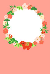 丑年　牛の置物と松竹梅のフレーム