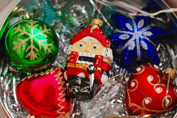christmas decorations in the box, nutcracker made of glass
