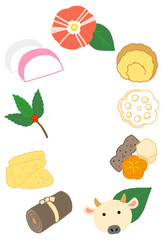 丑年　おせち料理と椿の花