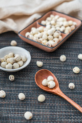 Low angle shot of many lotus seeds on a plate