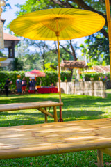 Bamboo bench, Bamboo carriage in the green grass, made of strong and durable for use.