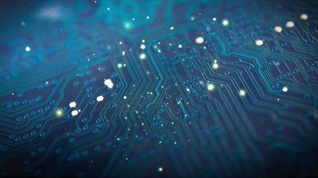 Modern printed circuit board, electronic circuit board, textolite. video with abstract highlights.