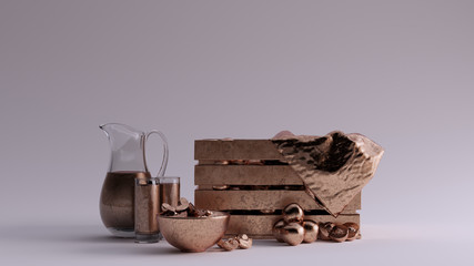 Bronze Gourmet Mushrooms in a Crate with a Jug of Black Drink and Two Glasses 3d illustration 3d rendering