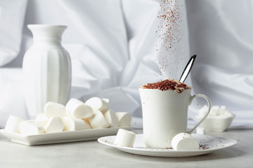 Fototapeta na wymiar Hot chocolate with marshmallows sprinkled with chocolate crumbs.