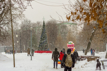 New Year or Christmas in the park, snowfall, and people walking