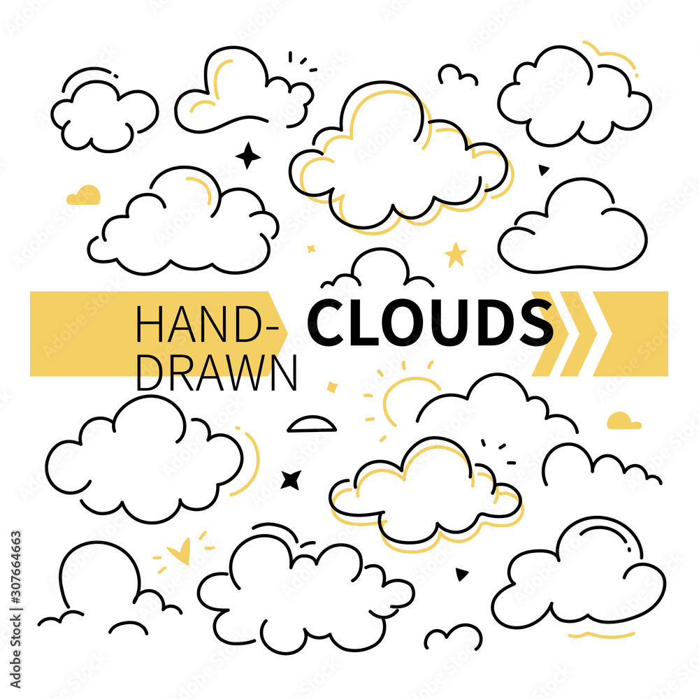 Poster hand-drawn clouds collection - set of vector linear elements